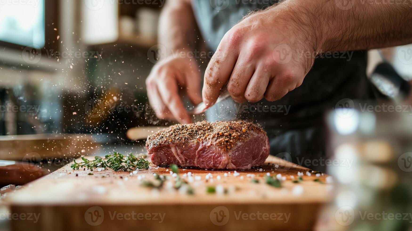 Mastering the art of seasoning meat in a cozy kitchen during evening preparation photo