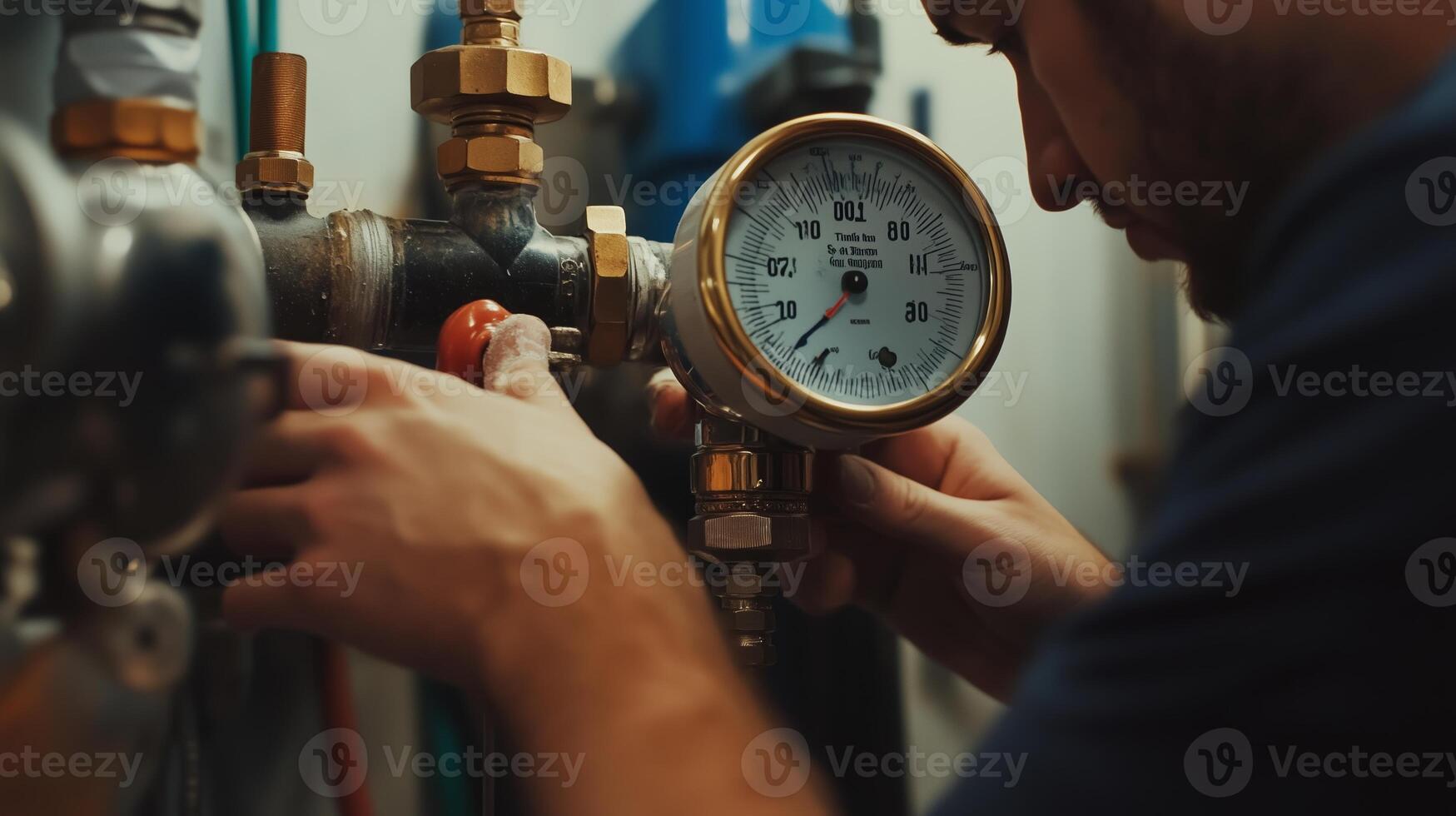 Technician checks pressure gauge on industrial piping system in workshop during daytime photo