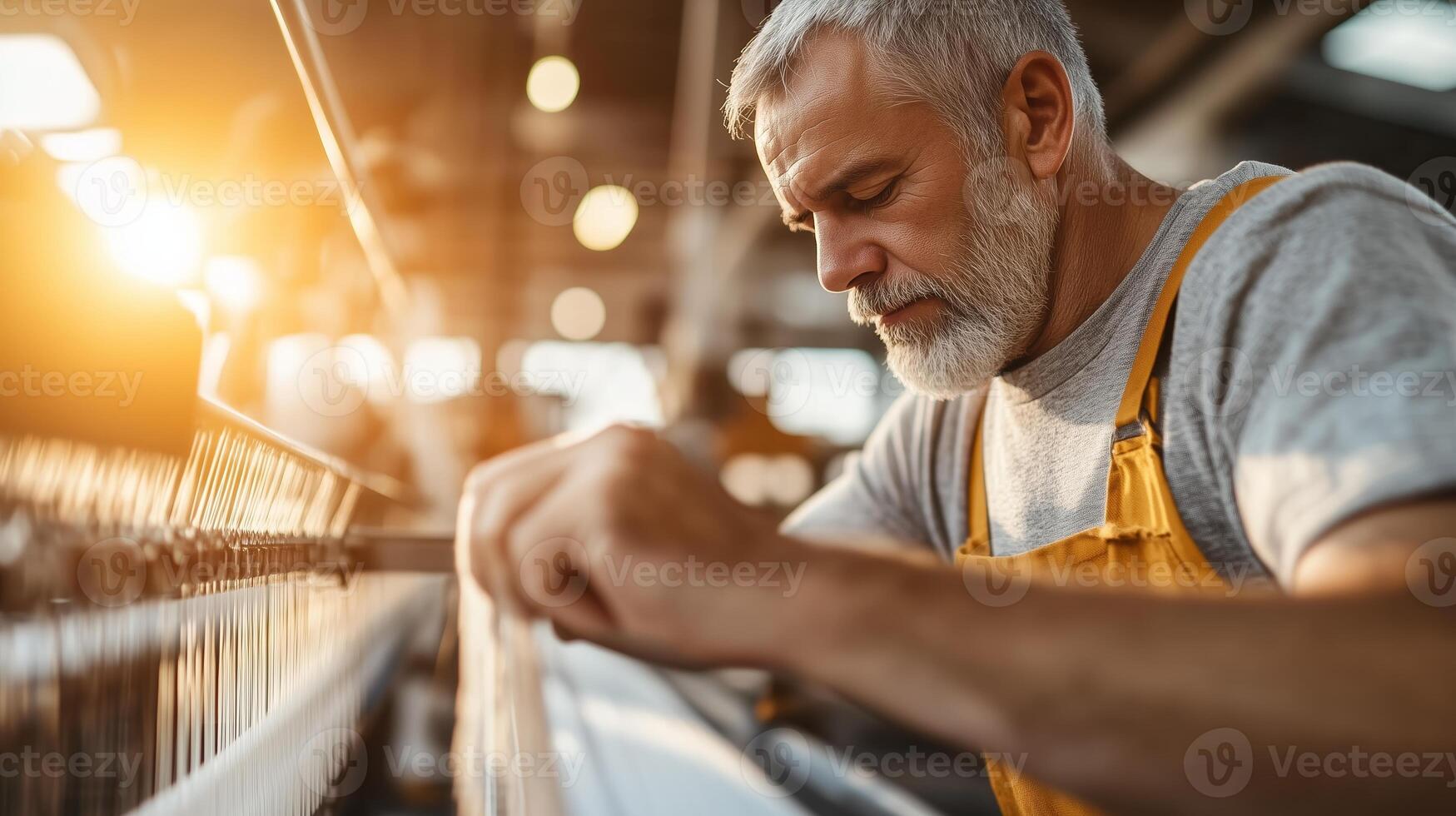 Skilled artisan weaves fabric in a workshop during the golden hour of late afternoon sunshine photo