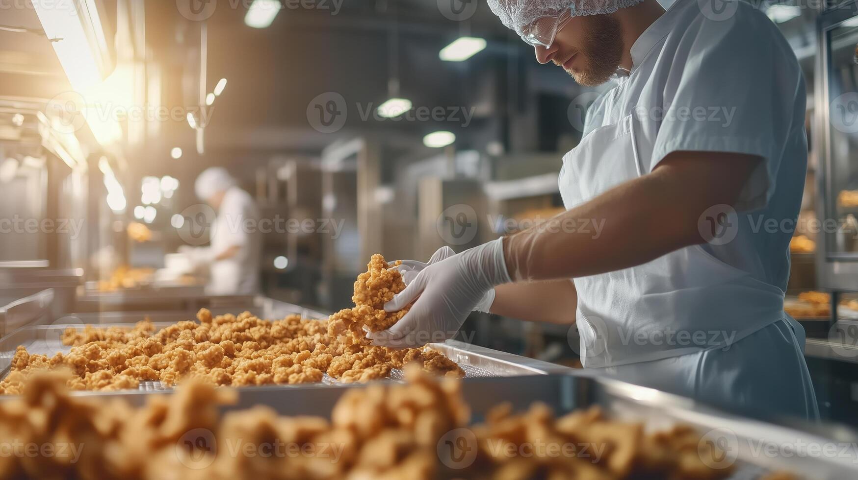 Workers preparing crispy fried chicken in a busy kitchen of a large food production facility photo
