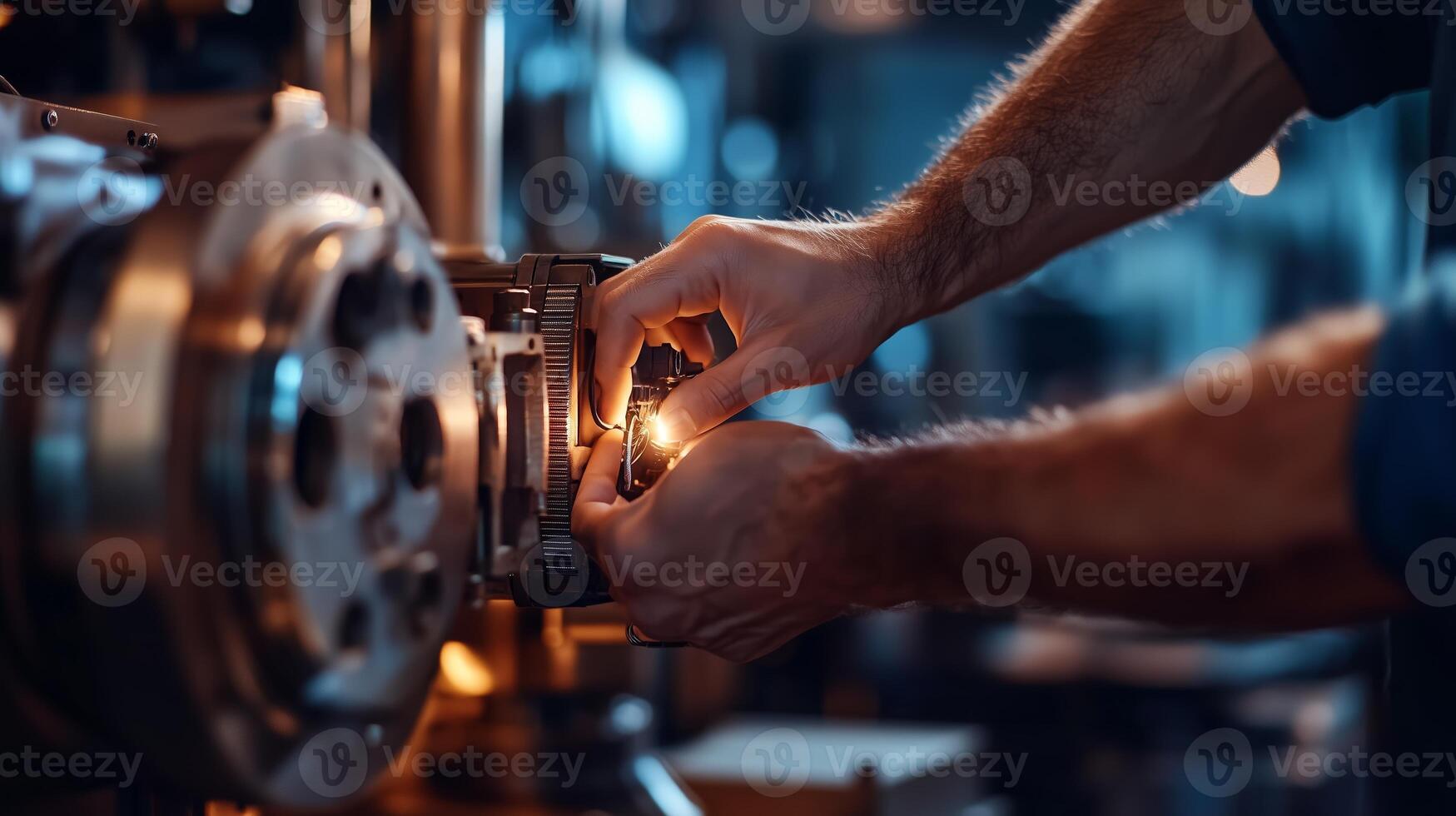 Technician working on industrial machinery in a factory with focused precision during evening hours photo