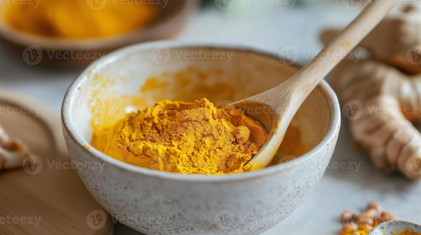 Turmeric powder in a bowl with wooden spoon surrounded by fresh ginger and spices in a cozy kitchen setting photo