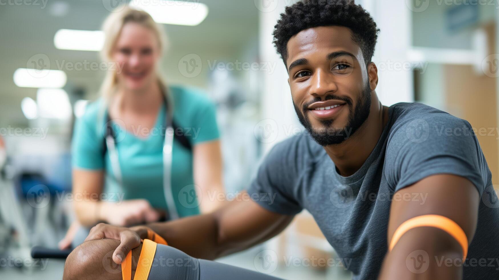 Young man smiles during fitness training session at a gym with trainer assisting him in workout photo