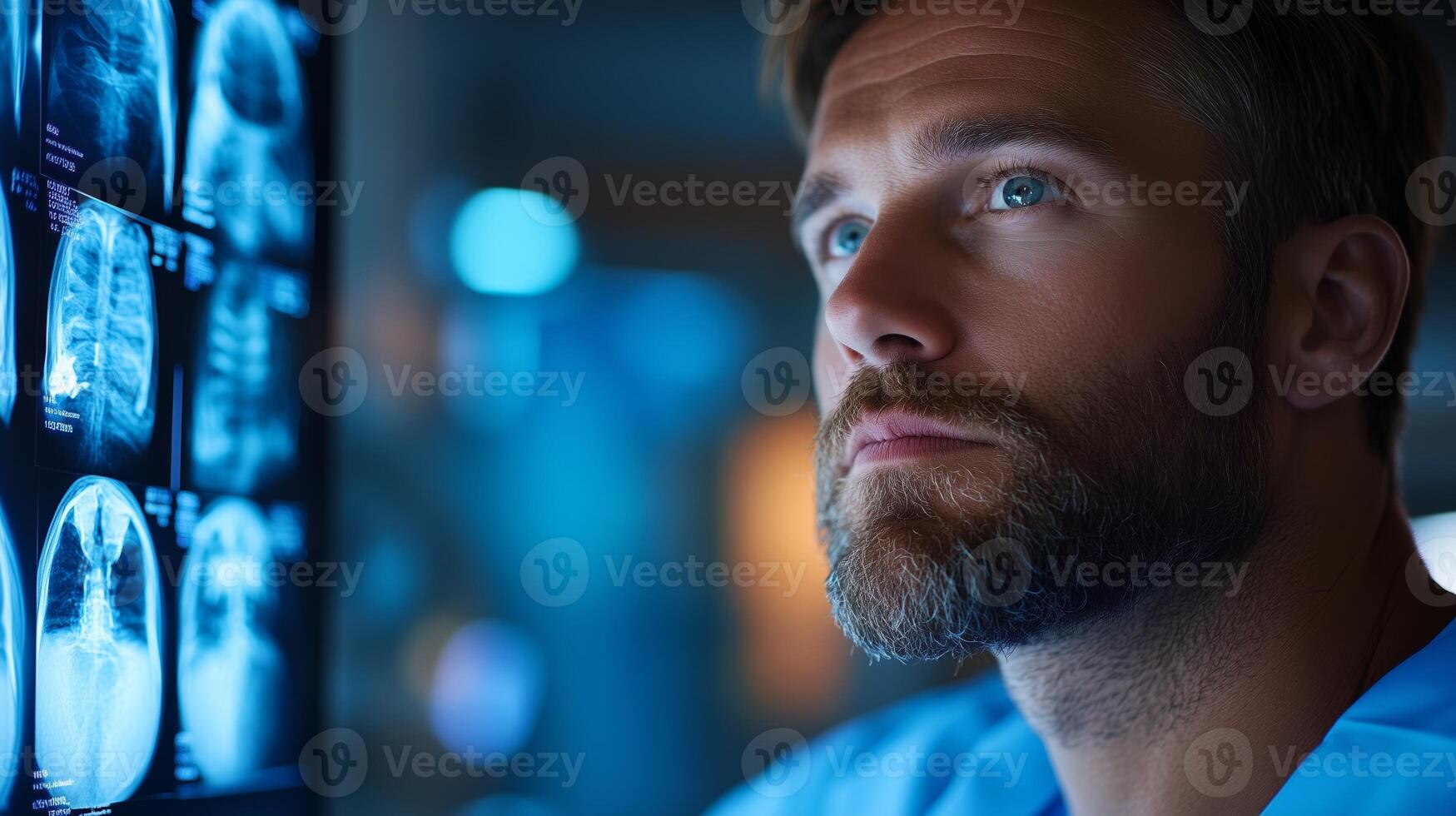 Medical professional analyzing x-ray results in a clinical setting with advanced technology photo