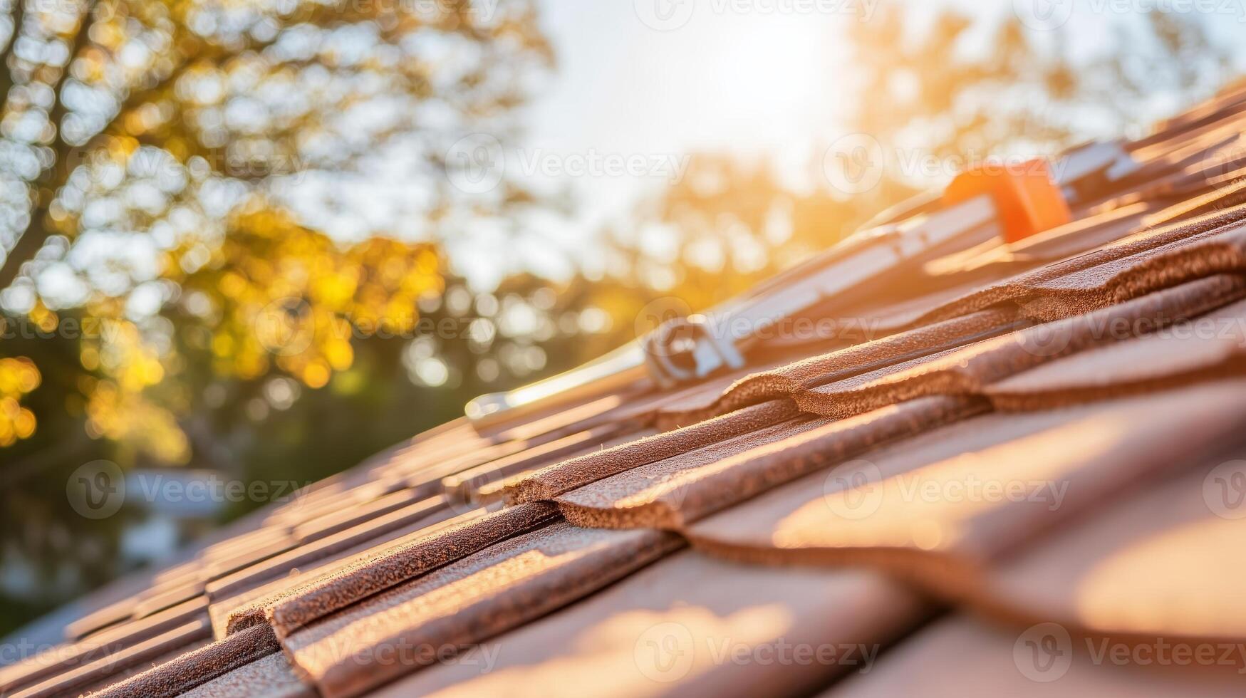 Roof installation process during golden hour with tools resting on shingles photo