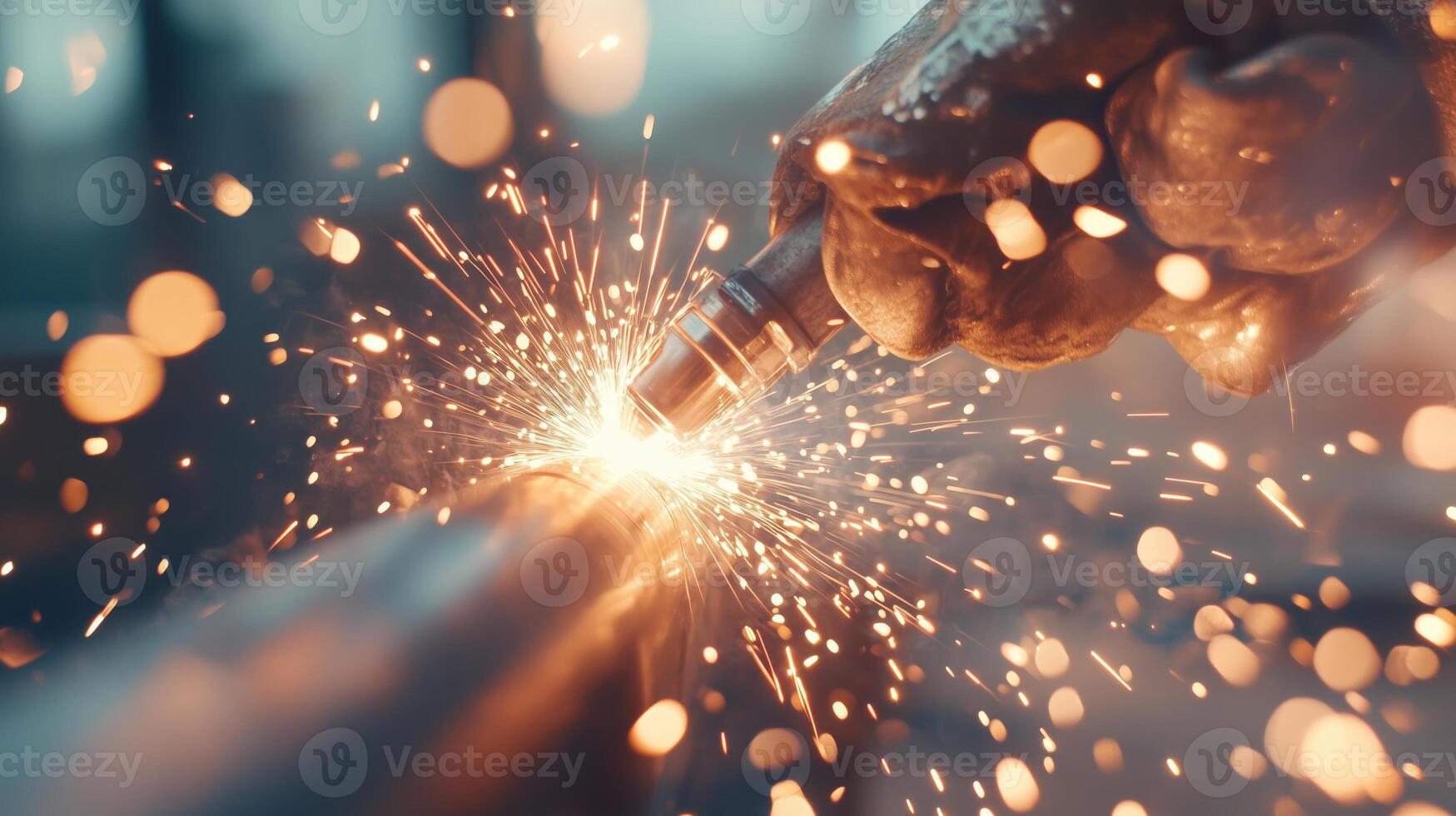 Welding sparks illuminate workspace as craftsman fabricates metal at workshop during evening hours photo
