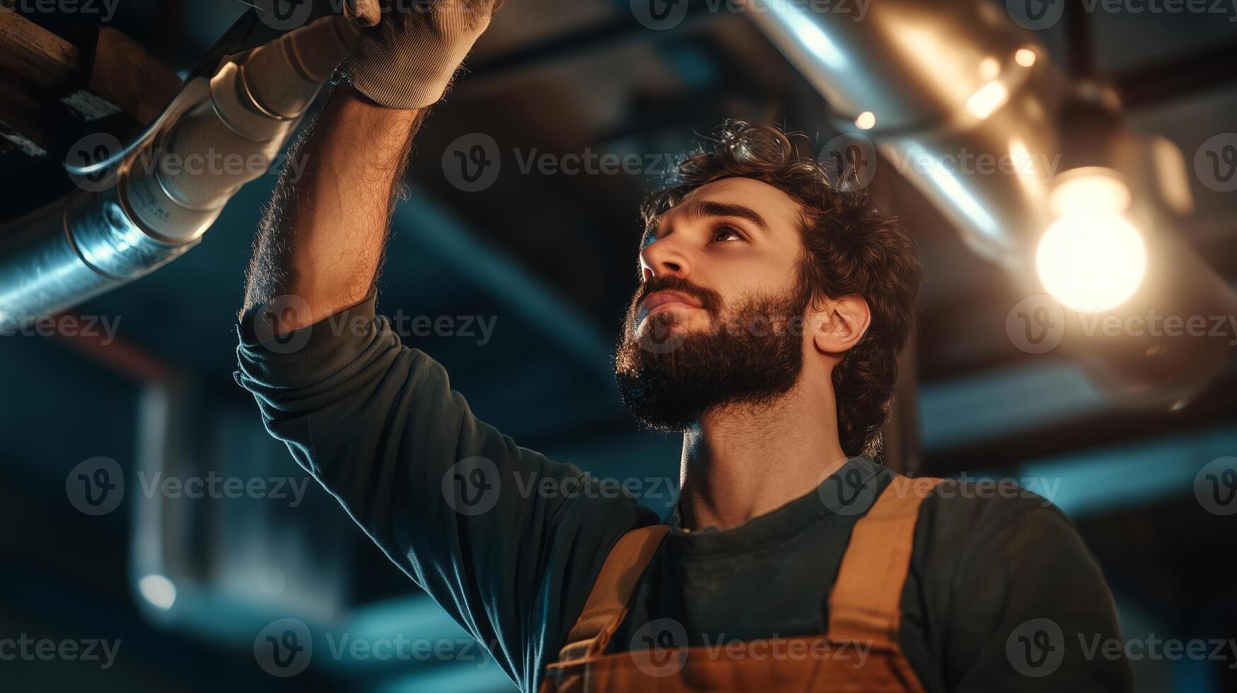 Young man working on industrial machinery in a workshop during the late evening hours focused on repairs and maintenance tasks photo