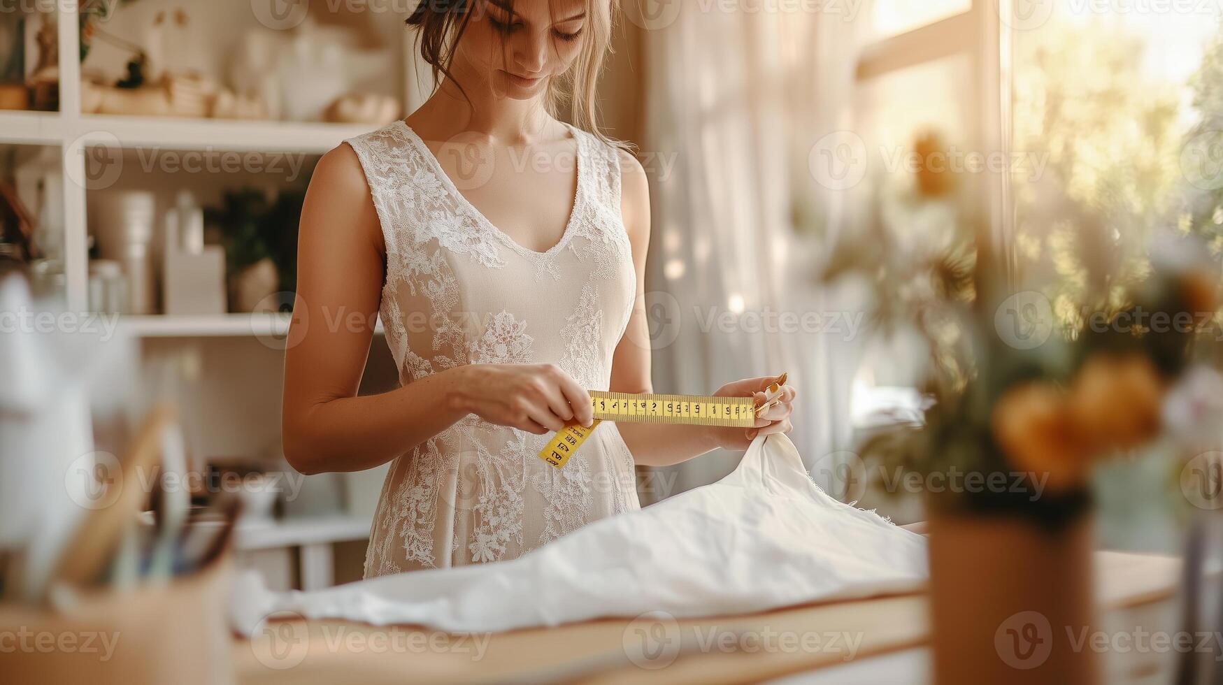 Fashion designer measuring fabric in bright studio during afternoon light photo