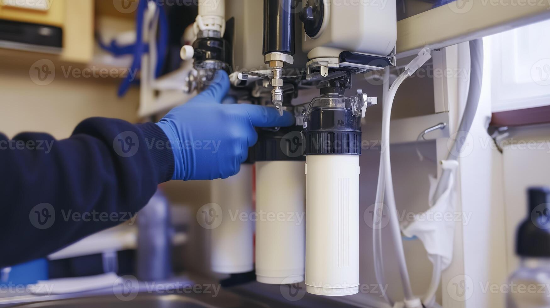 Water filter installation process in a kitchen with equipment and a person's hand using a glove photo