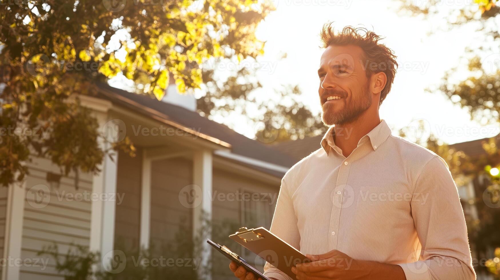Man holding clipboard and smiling outdoors during sunset in a residential neighborhood photo