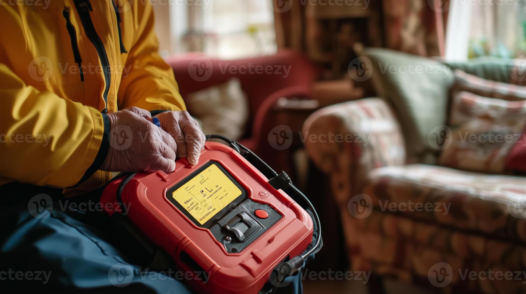 Emergency preparedness device being handled in a cozy living room setting during the day photo