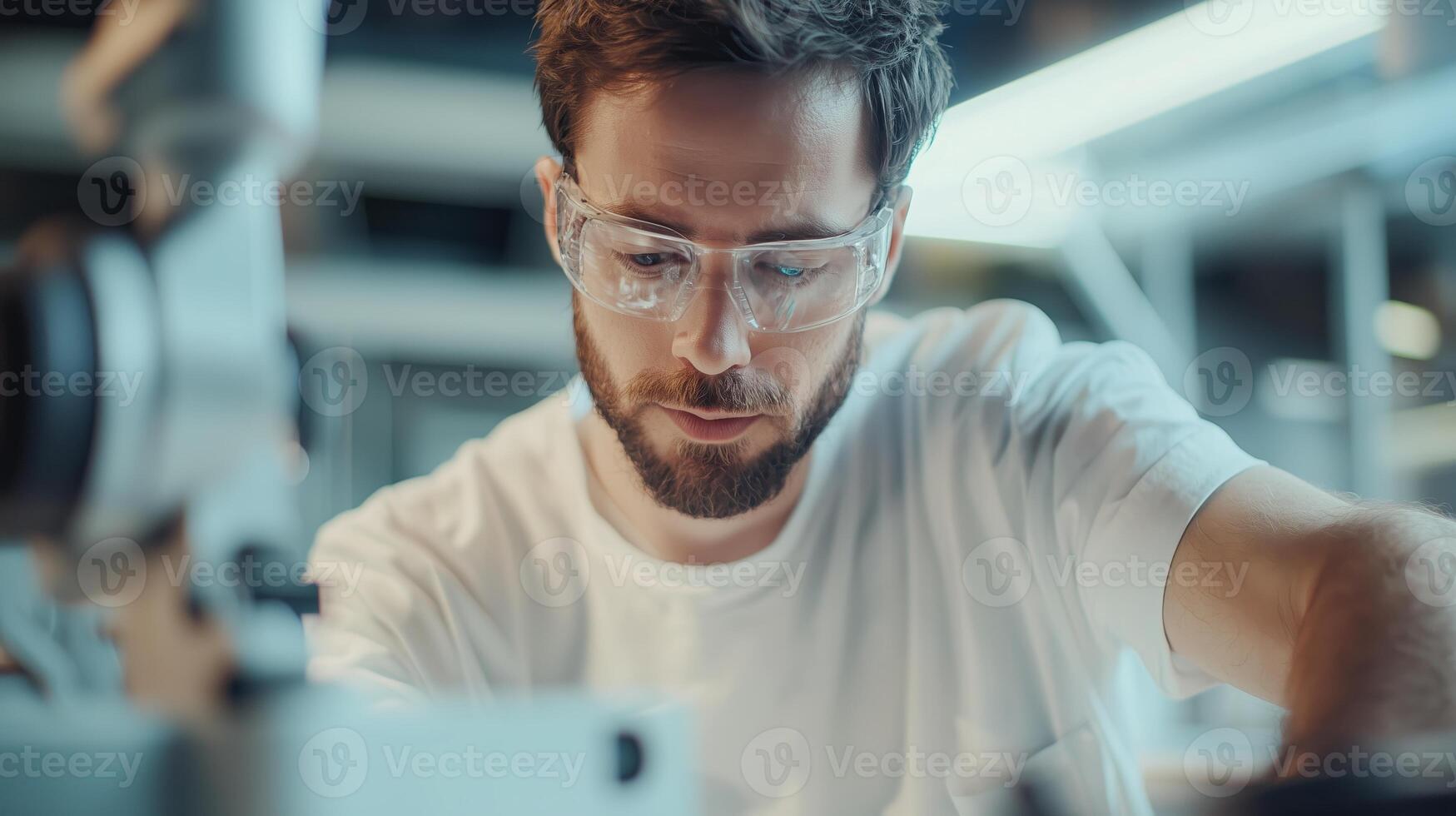 Skilled worker using machinery in a modern workshop during daytime with safety gear and focused expression photo