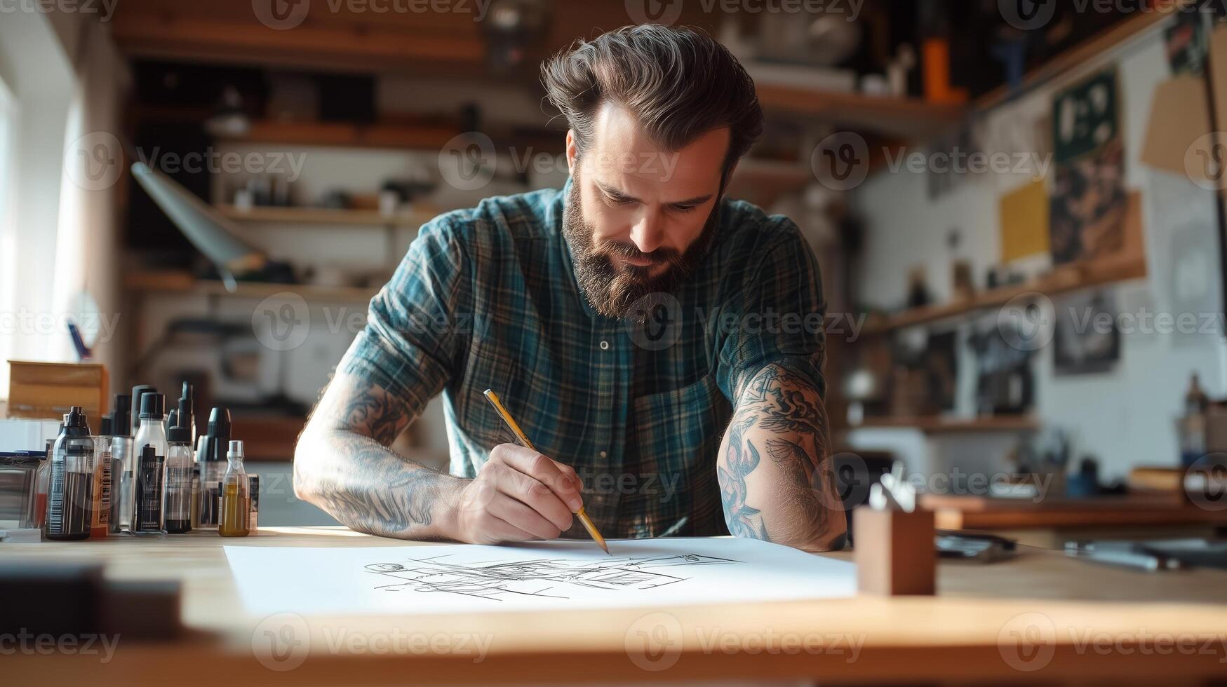 Bearded artist sketches design concepts in a creative studio filled with art supplies and natural light photo