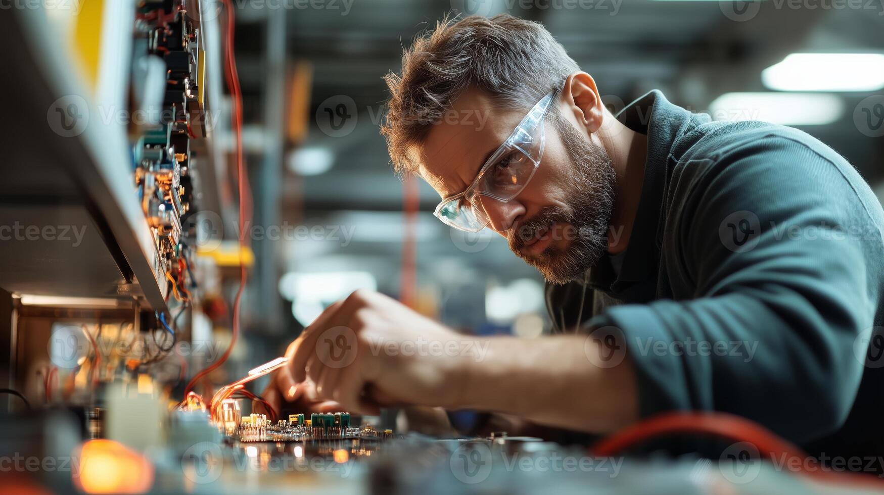 Technician working on electronic circuit board in workshop during daytime photo