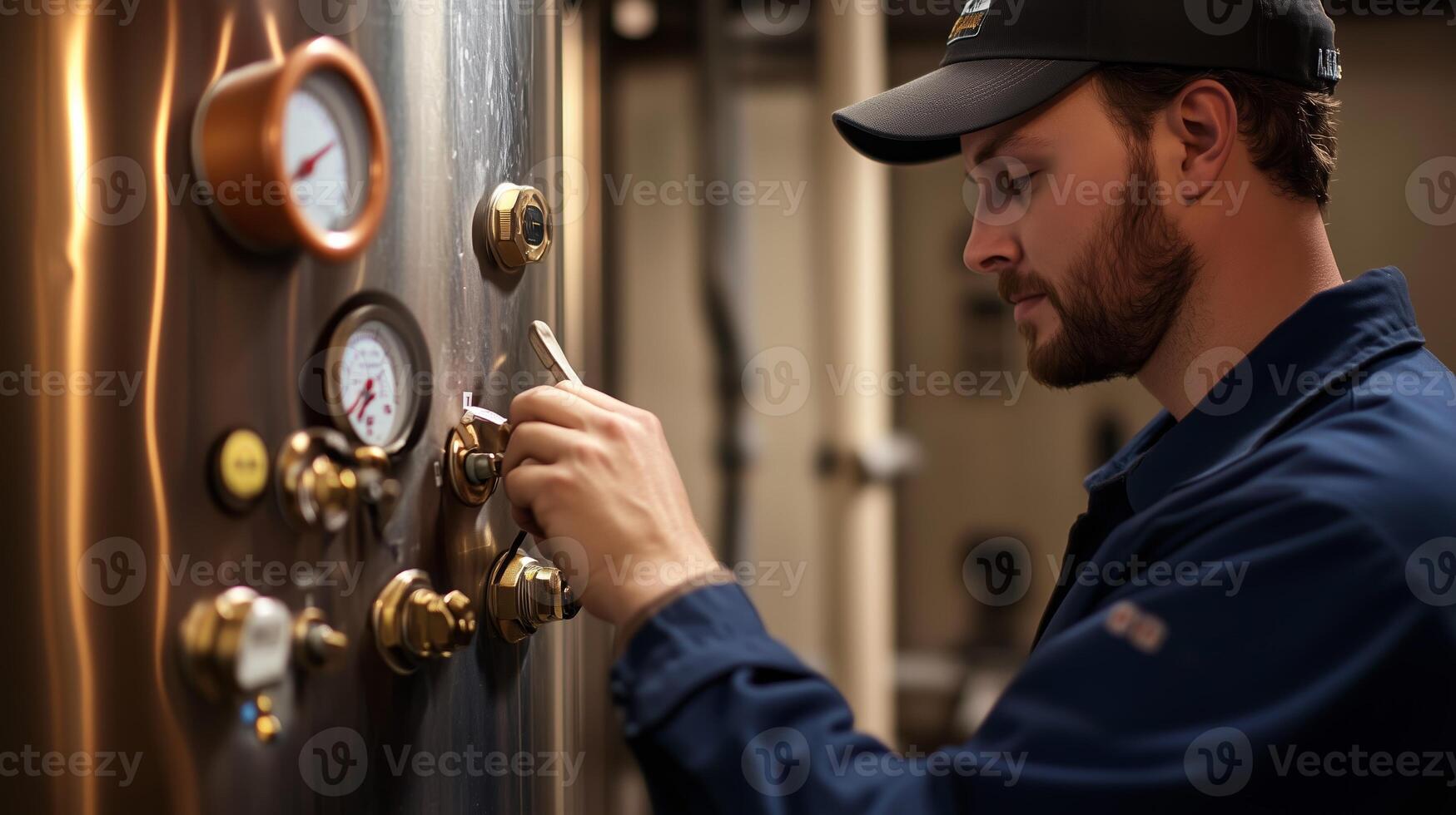 Technician works on machinery controls in a workshop during the day to ensure optimal functionality and safety of the equipment photo