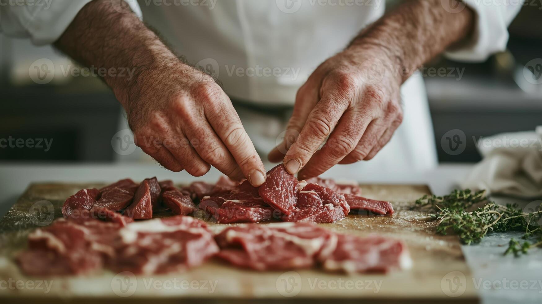 Chef prepares fresh beef slices while seasoning with herbs in a modern kitchen photo