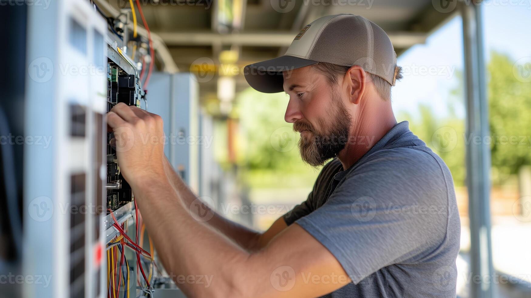 Technician working on electrical equipment at a solar farm during the day photo