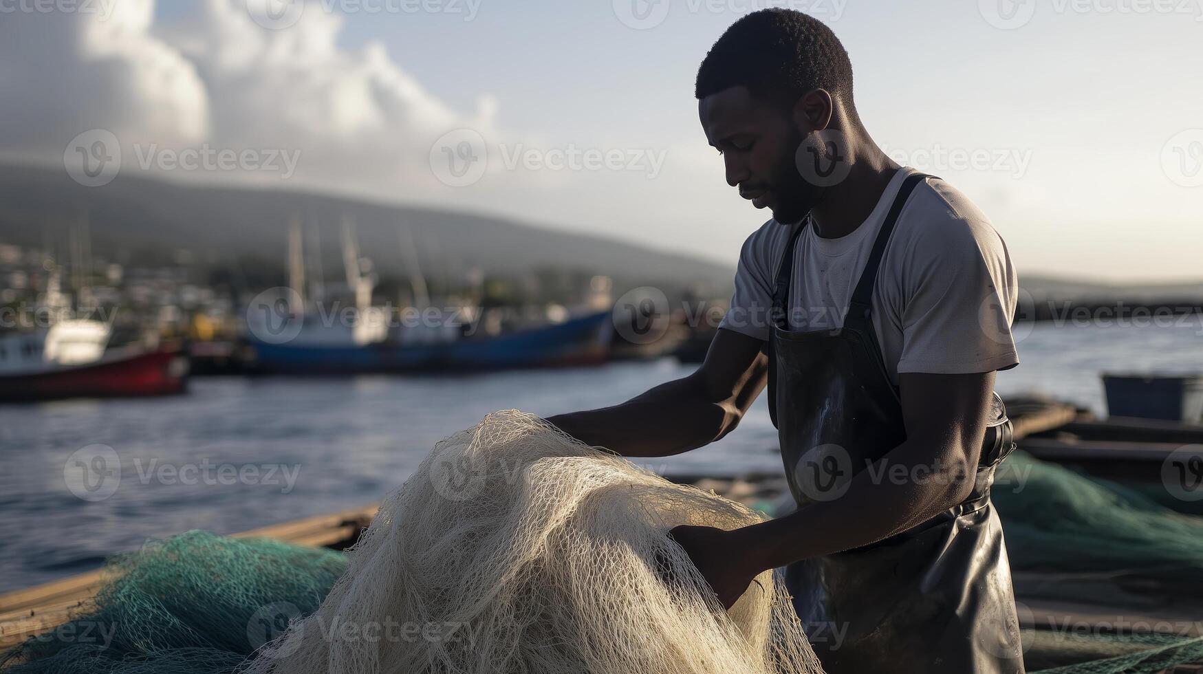 Fisherman preparing nets at sunset near a bustling harbor in a coastal town photo