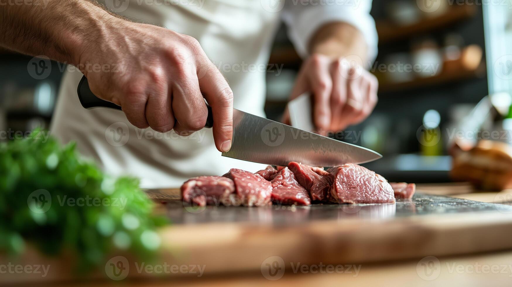 Skilled chef carves fresh meat on wooden cutting board in well-equipped kitchen during daylight photo