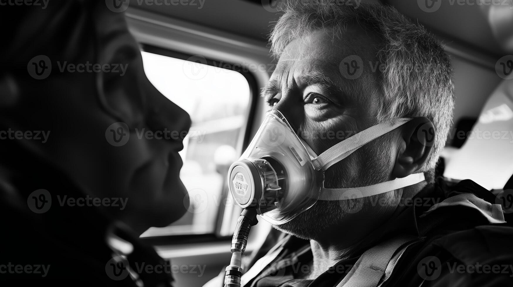 Emergency response team member wearing oxygen mask during vital operation in cramped medical transport environment photo