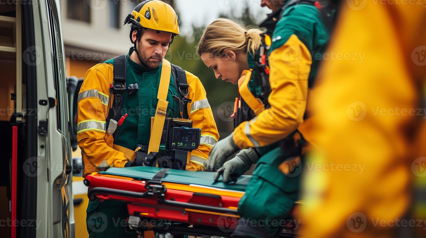 Emergency medical responders preparing equipment in a rescue operation during daylight in an urban environment photo