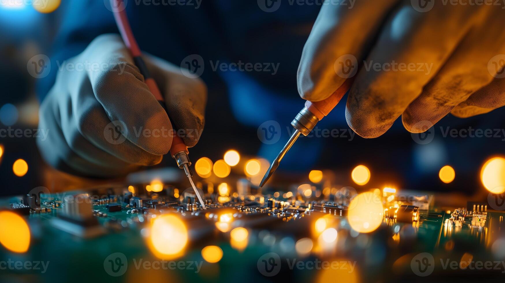 Skilled technician performs intricate soldering on electronic circuit board in workshop during evening hours photo