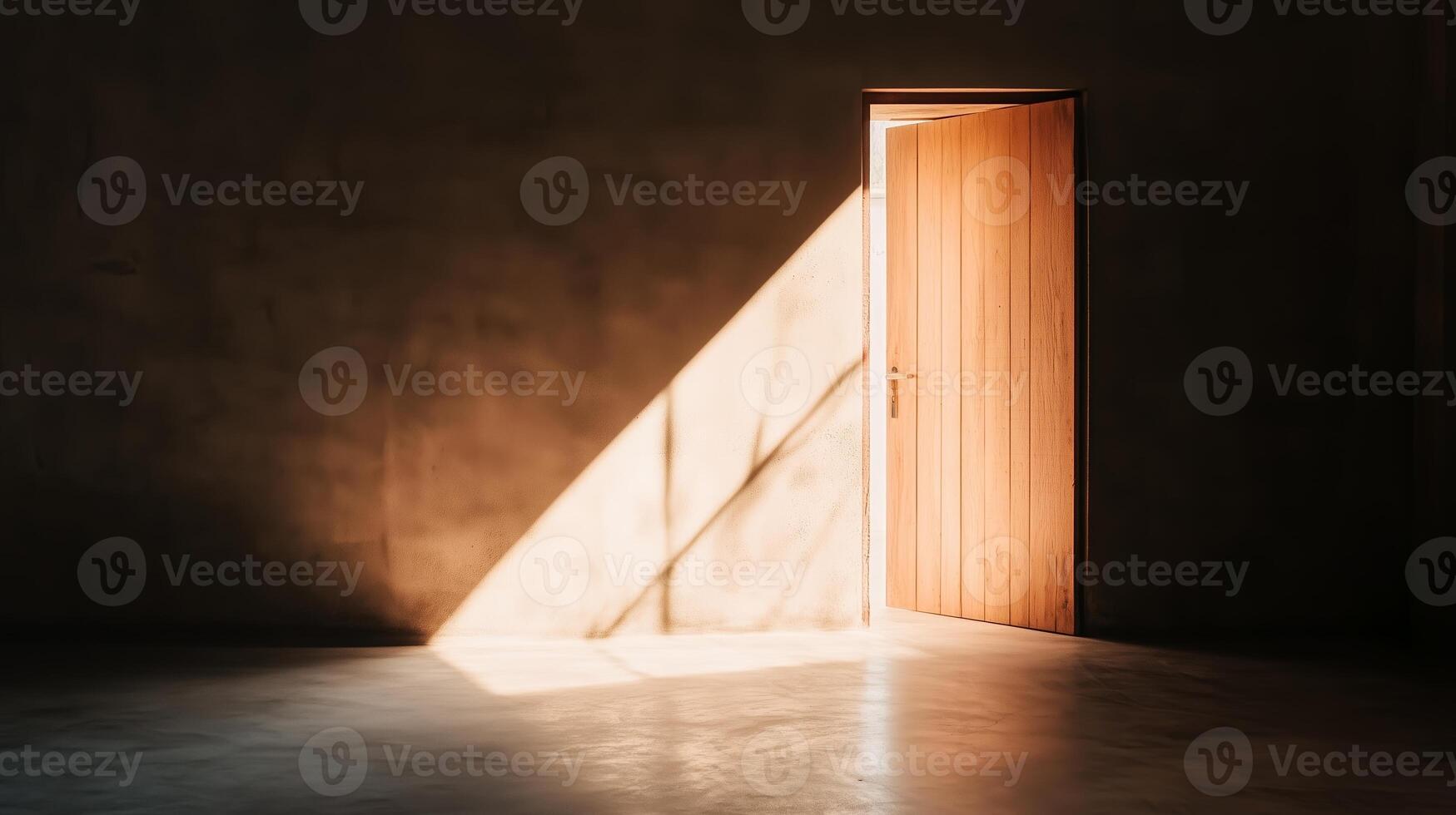 Sunlight streaming through an open wooden door in a dimly lit room creates a peaceful atmosphere photo