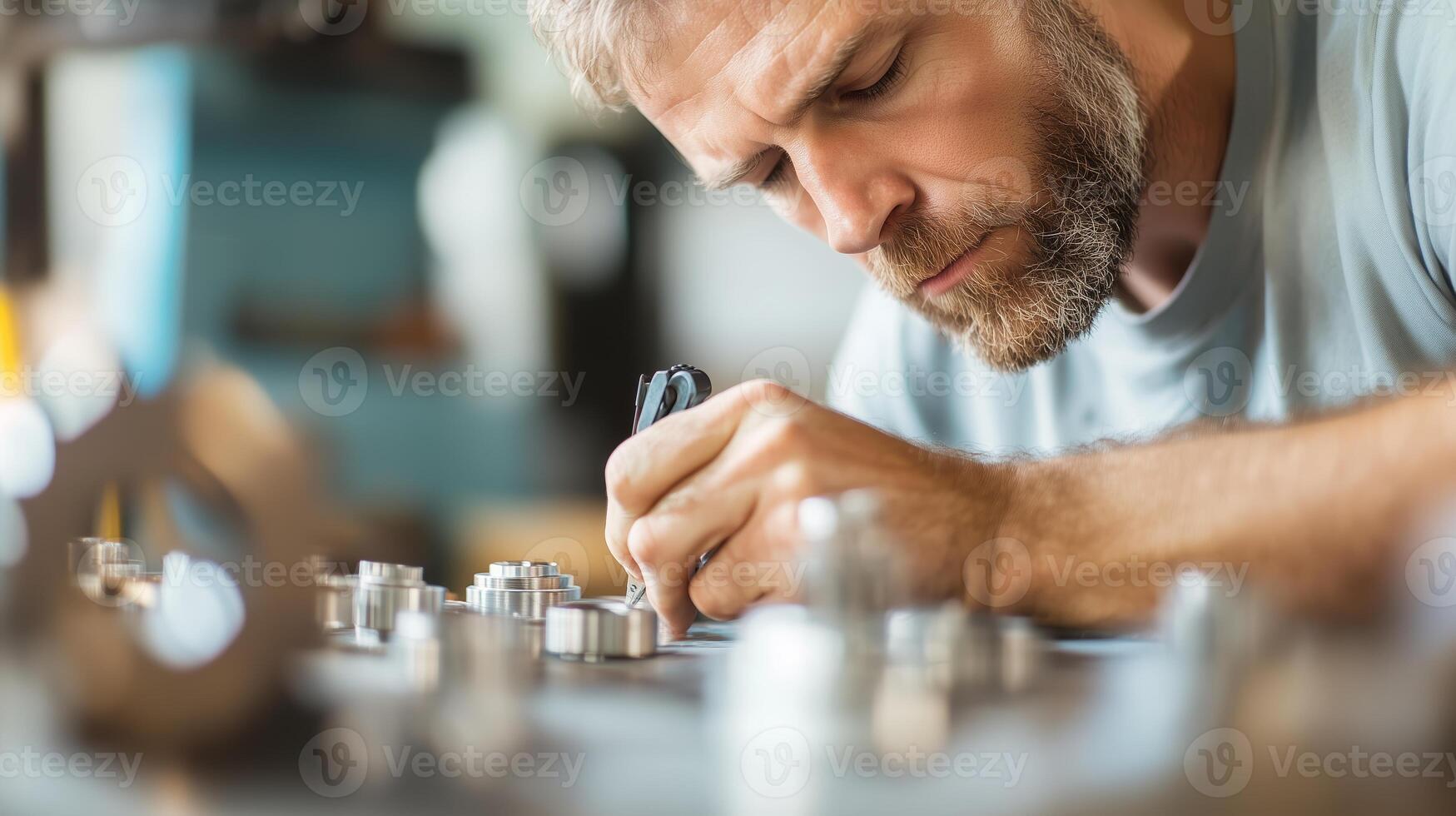 Skilled craftsman focuses on precision work in a busy workshop during daylight hours photo