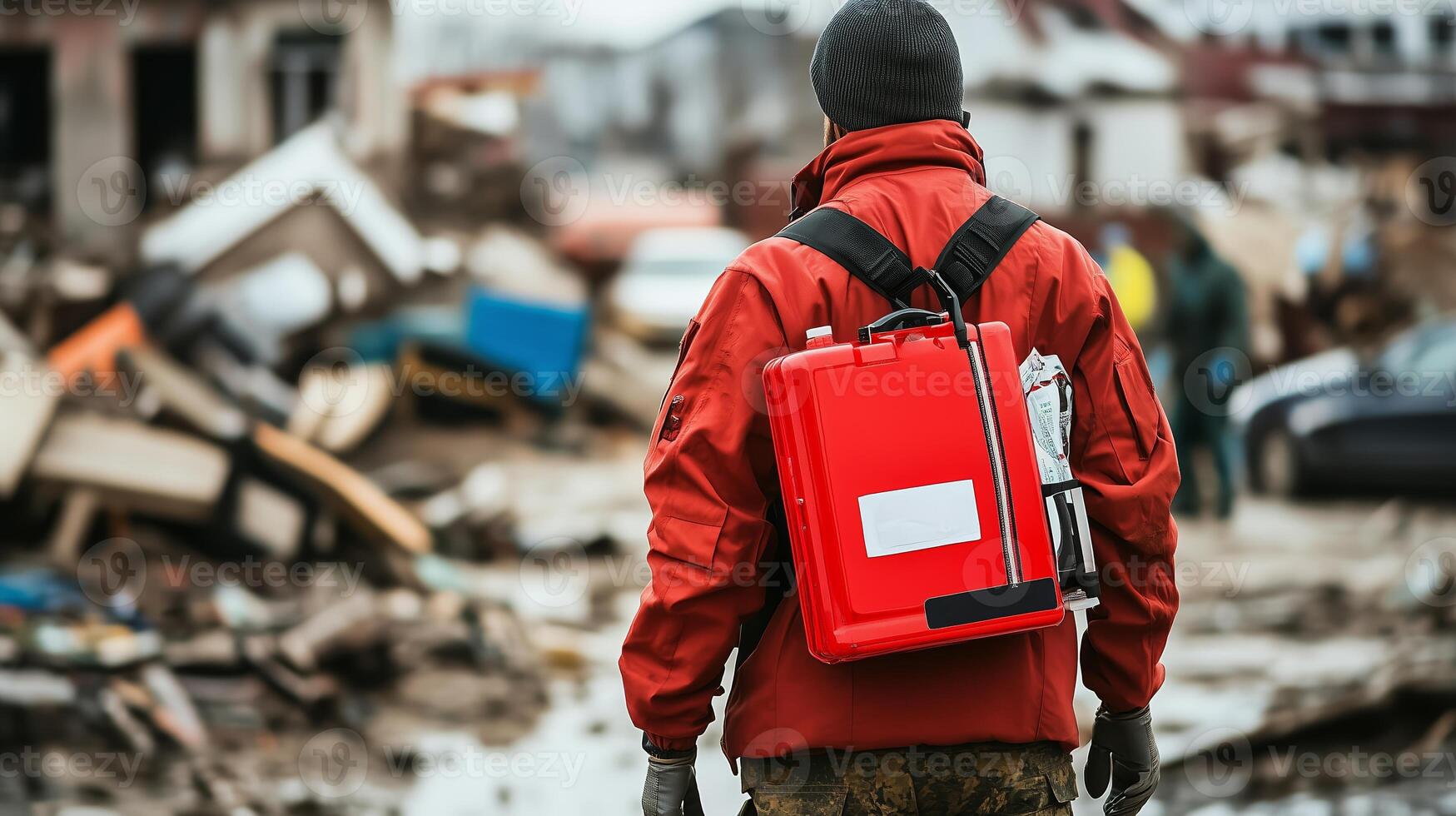 Emergency responder surveys disaster site after natural catastrophe in a devastated community photo