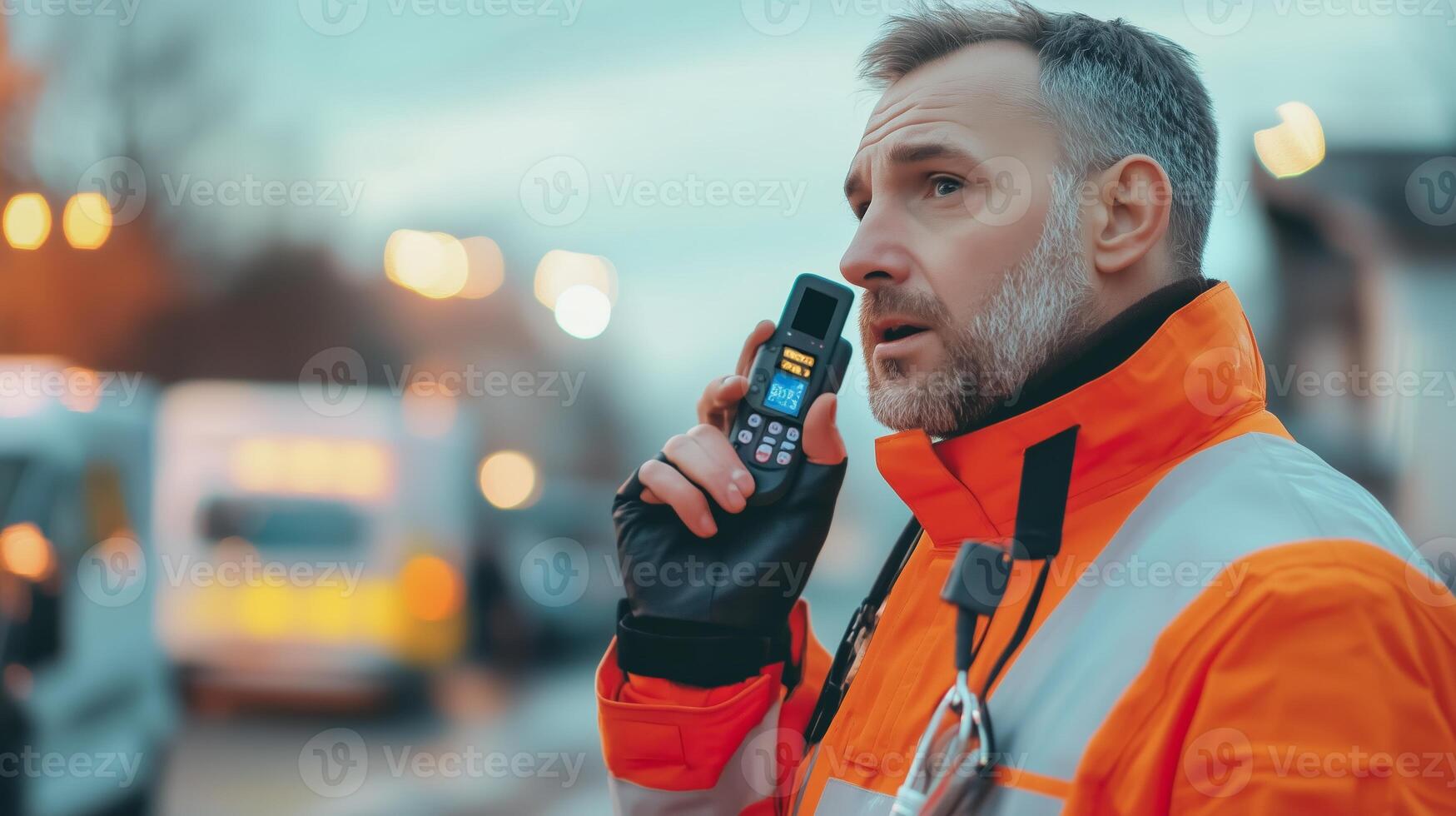 Man in safety gear communicates through radio on bustling city street during twilight hours photo
