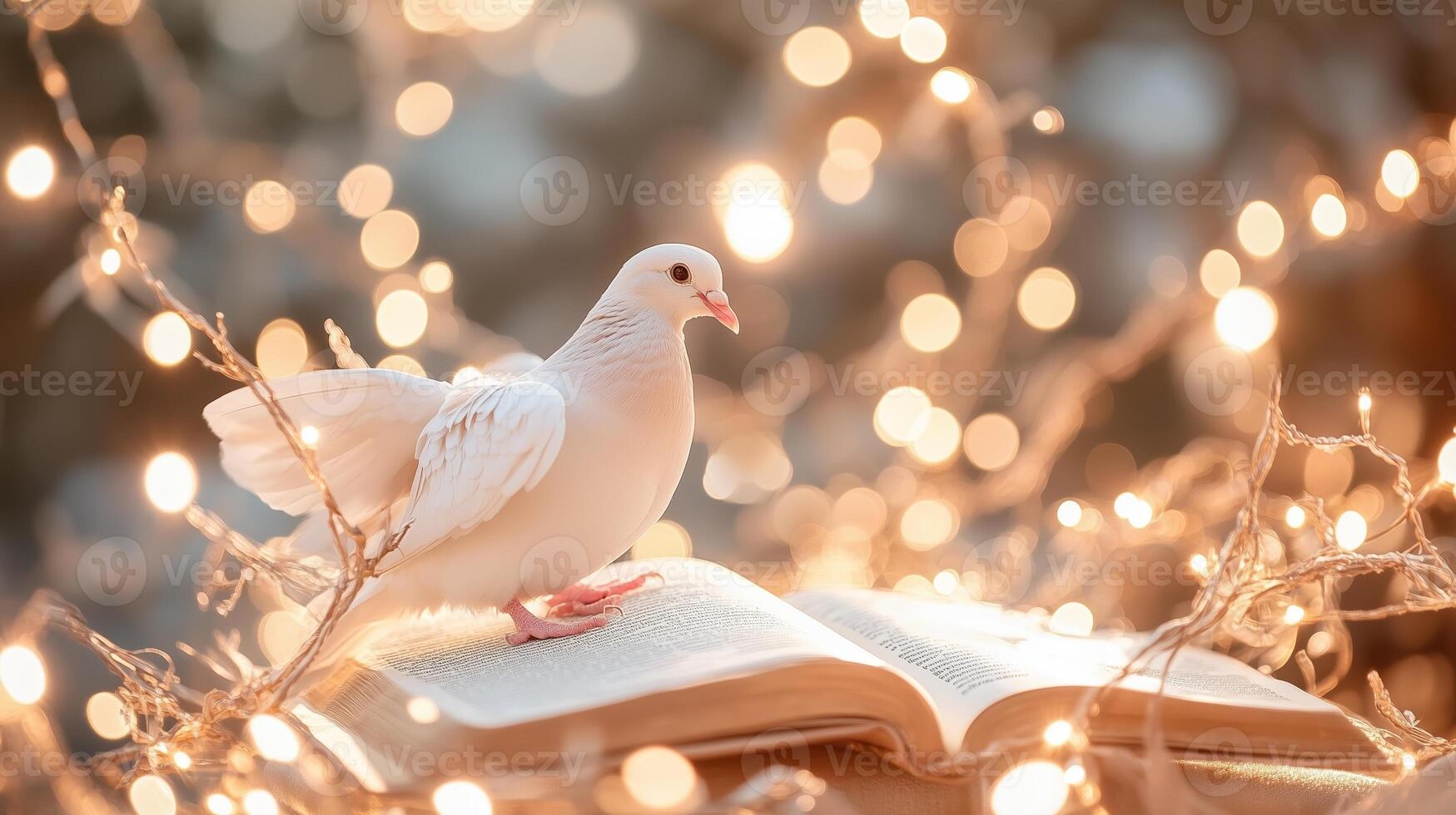 White dove perched on open book surrounded by glowing fairy lights at twilight in a serene setting photo