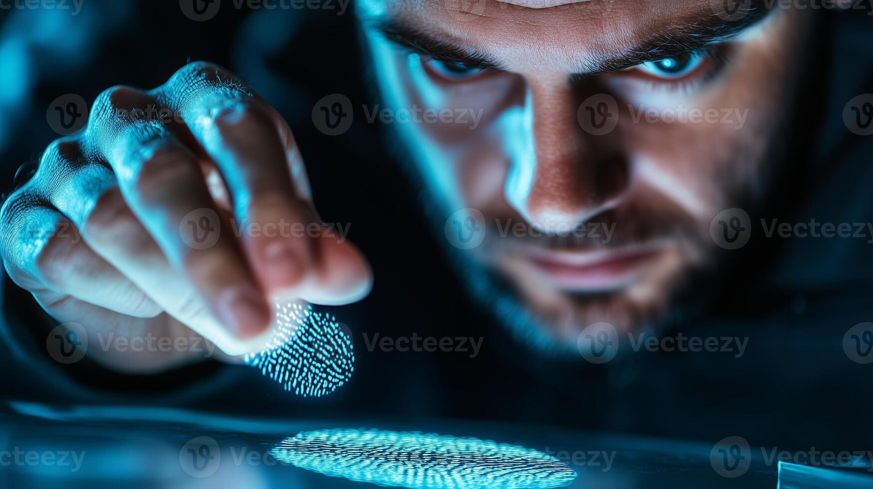 Close examination of fingerprints by a forensic investigator in a dark lab environment with blue lighting photo