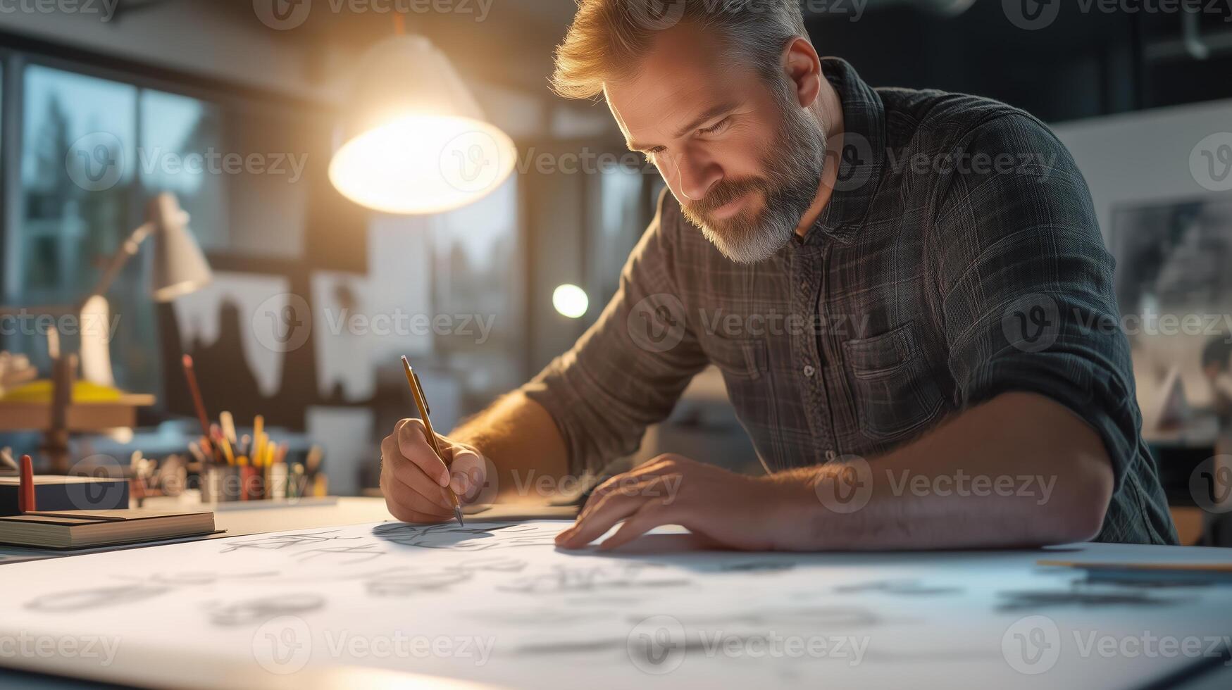 Artist creating detailed sketches in a well-lit studio during late afternoon hours photo