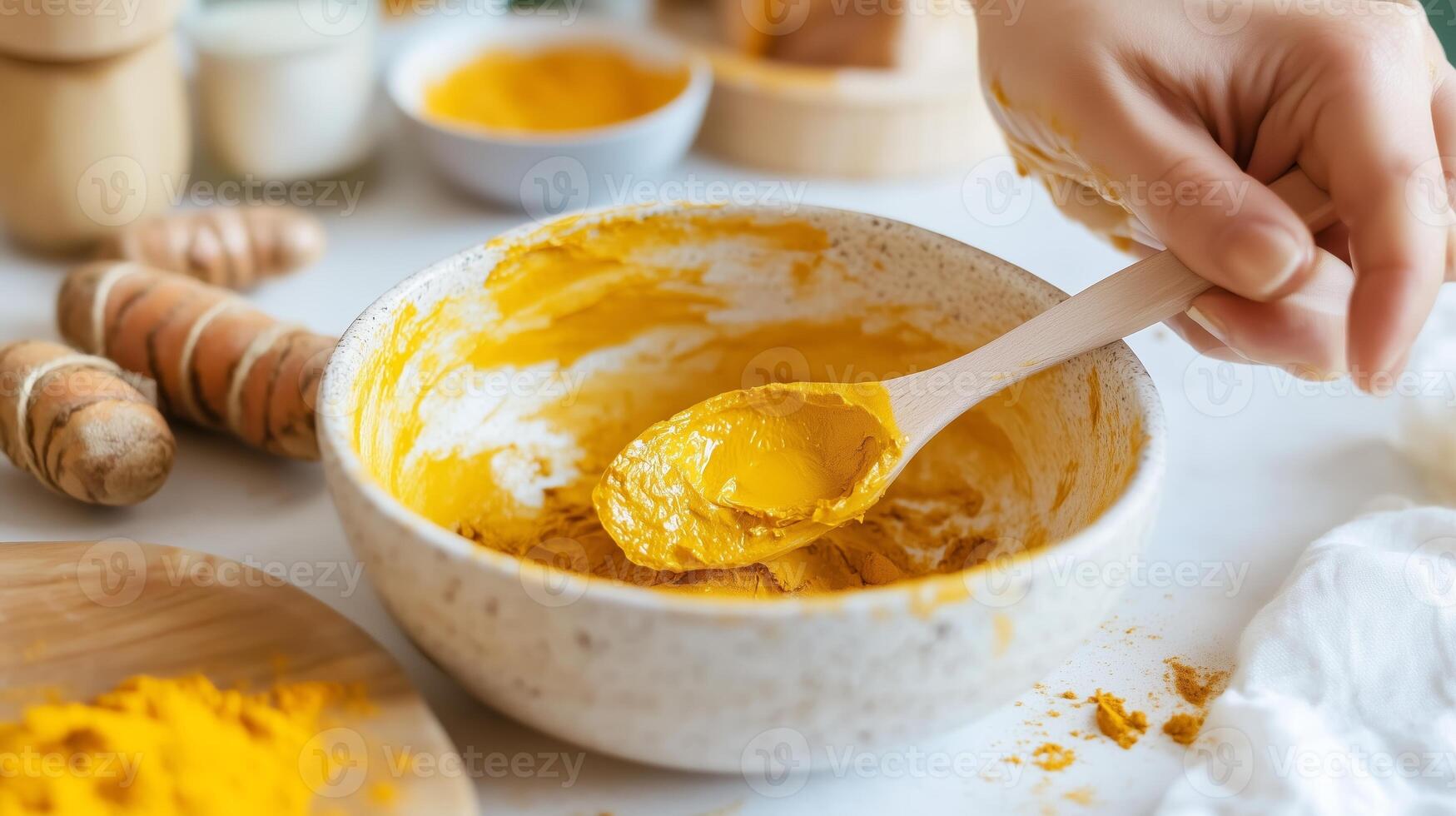 Creating a vibrant turmeric mixture in a cozy kitchen setting while preparing ingredients for a culinary project photo