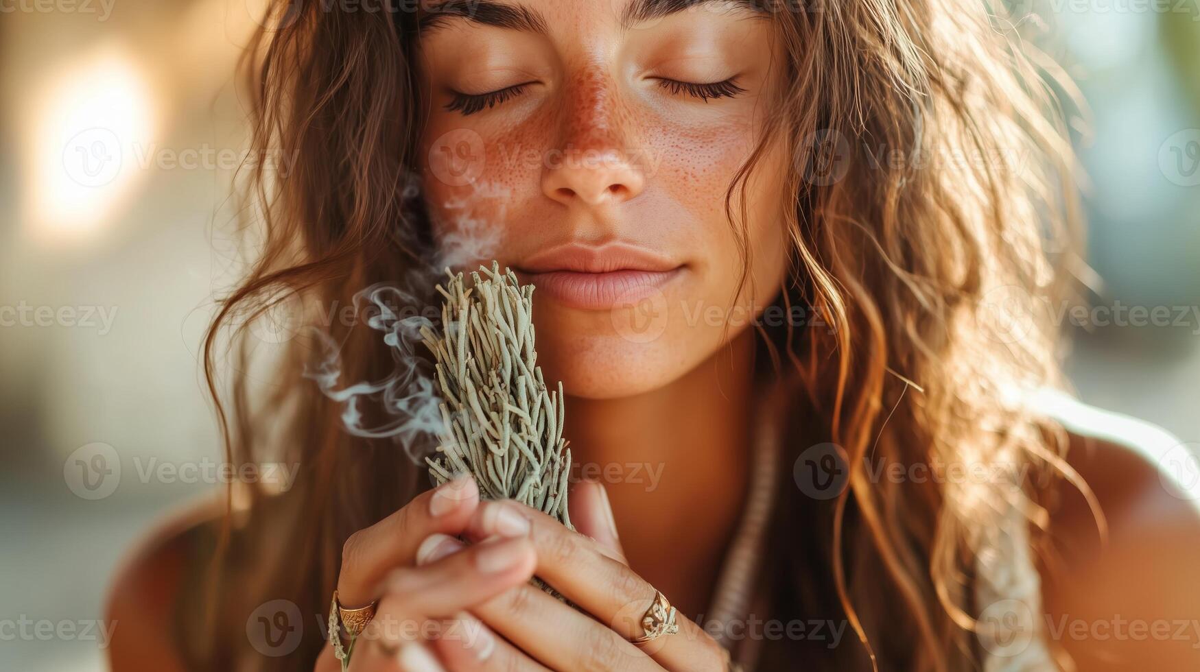 Woman holding sage bundle and meditating in peaceful outdoor setting during golden hour photo