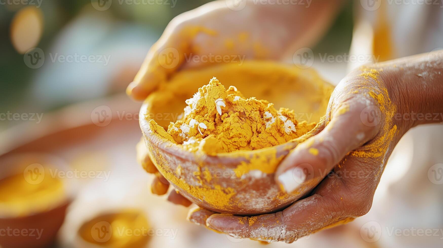 Hands holding a clay bowl filled with vibrant yellow turmeric powder during a cultural celebration in a sunny outdoor setting photo