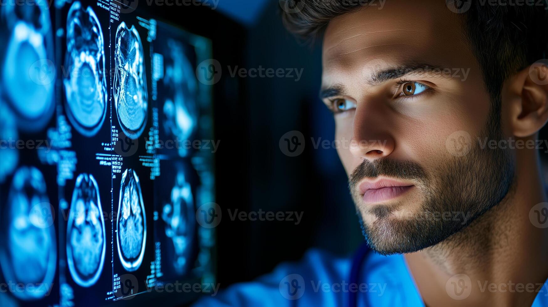 Medical professional analyzes brain scans in a darkened examination room during evening hours photo