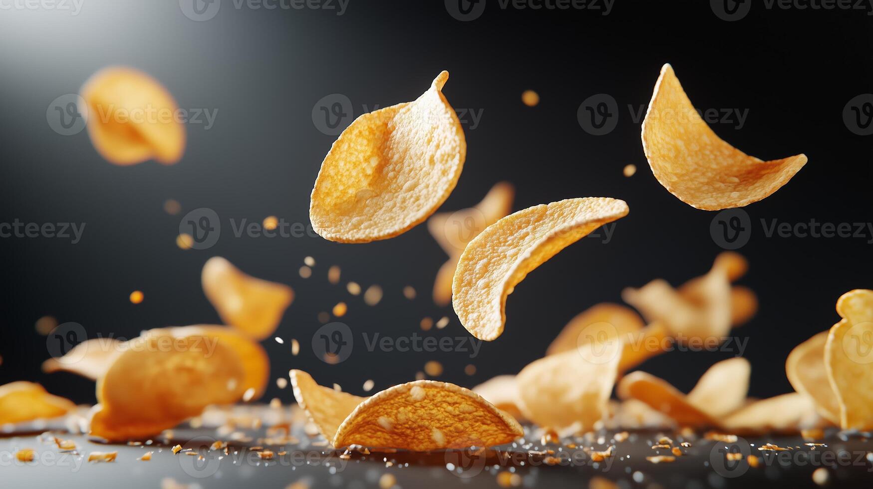 Crispy potato chips floating in the air with scattered crumbs in a dark setting photo