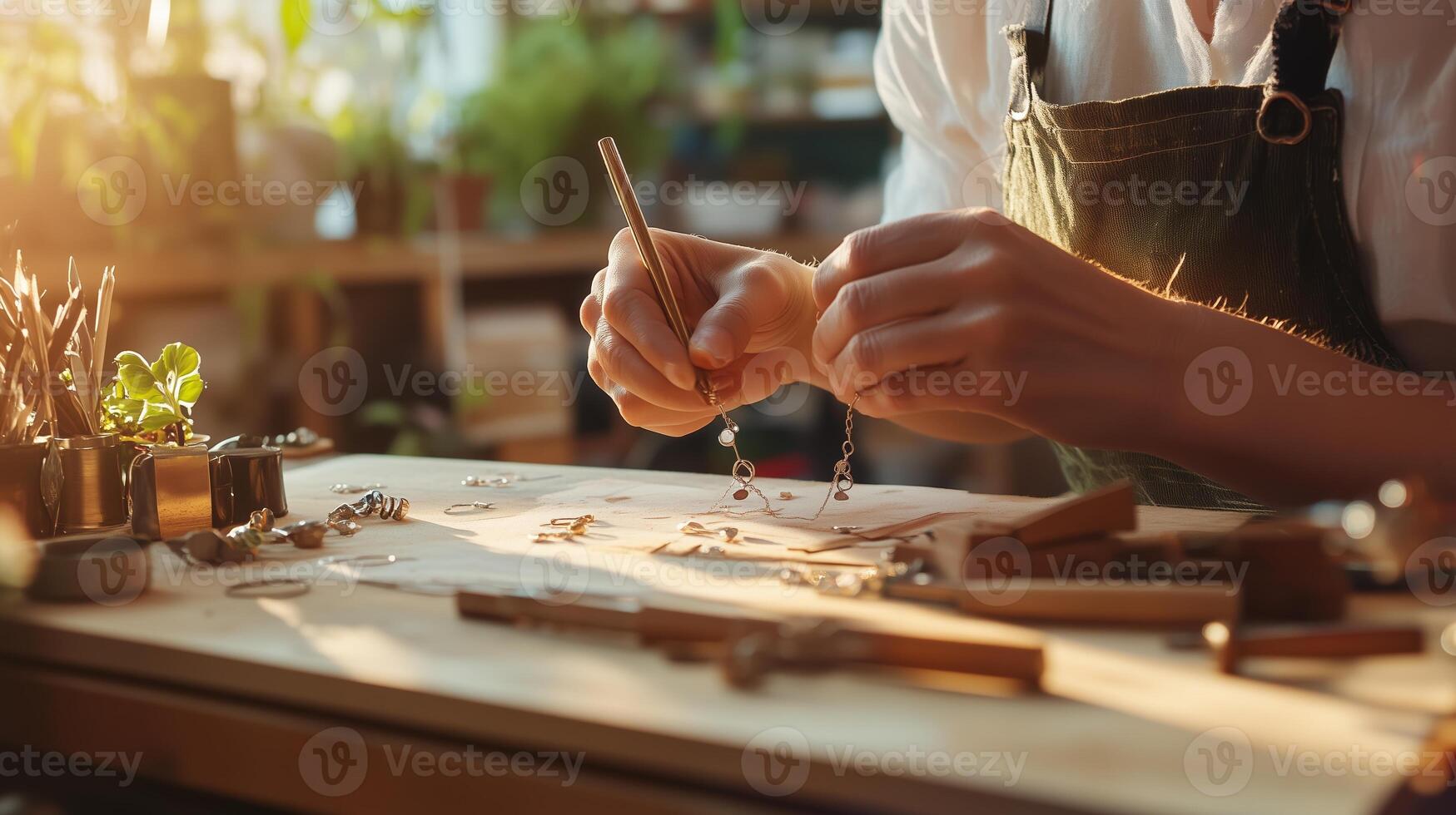 Jewelry maker designs intricate pieces in a sunlit workshop filled with greenery during afternoon hours photo