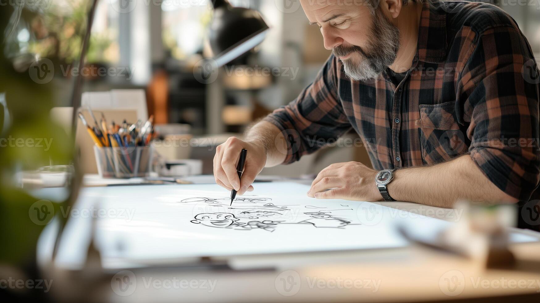 Artist creates illustrations at a well-lit workspace using black ink on a glowing drawing table in the afternoon photo