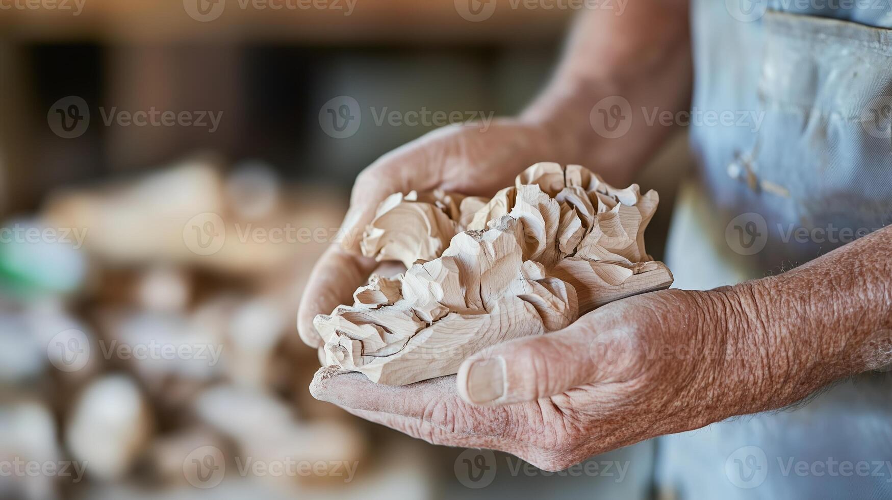 Skilled artisan carves intricate wooden design in workshop during daylight hours photo