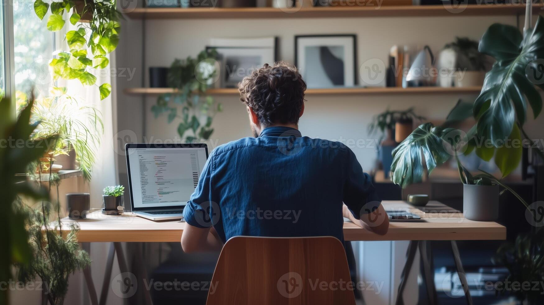 Young man working at home office surrounded by greenery during daylight hours photo