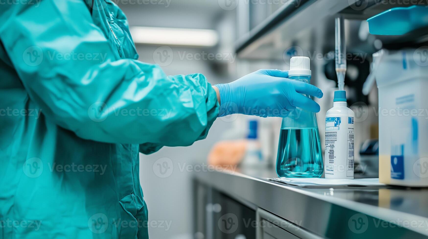 Scientist conducts laboratory experiment using chemical solutions and protective gear in a modern research facility photo
