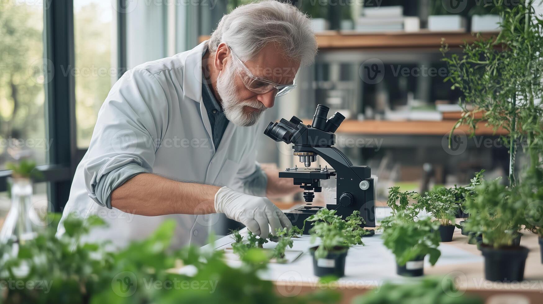 Scientist examines plant samples under microscope in a well-lit laboratory with greenery around photo