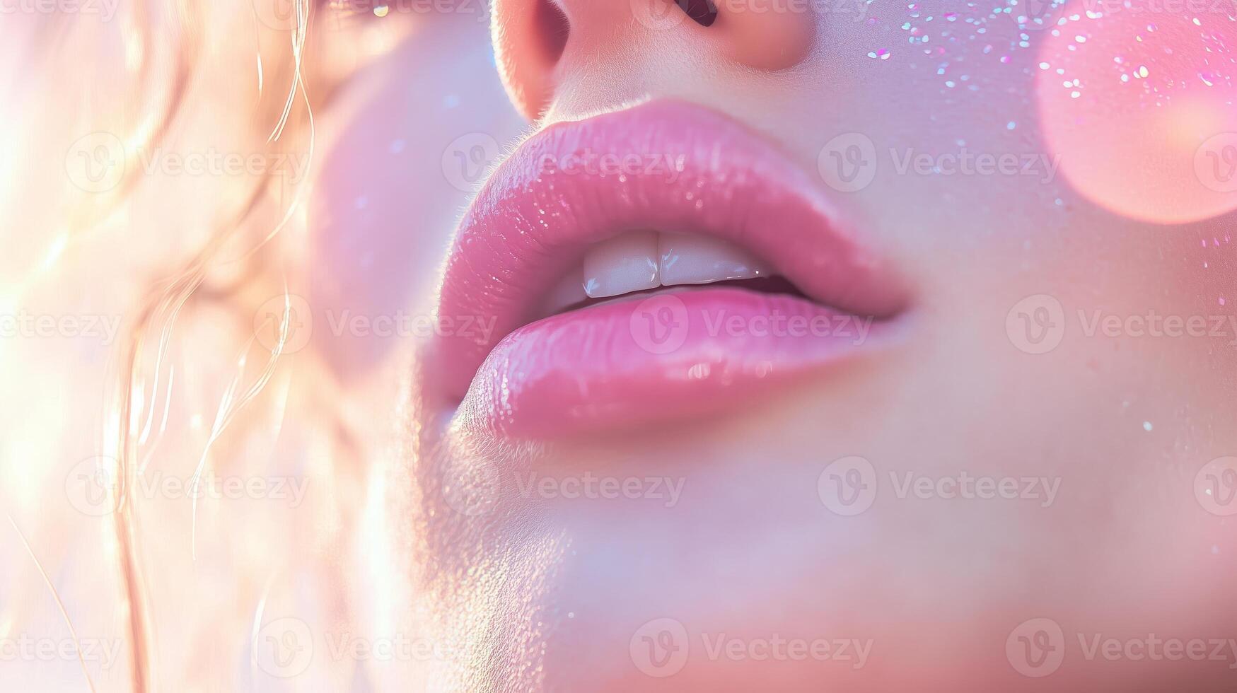 Close-up of a woman's lips showcasing a soft pink hue with sparkling effects in a bright setting during daylight photo
