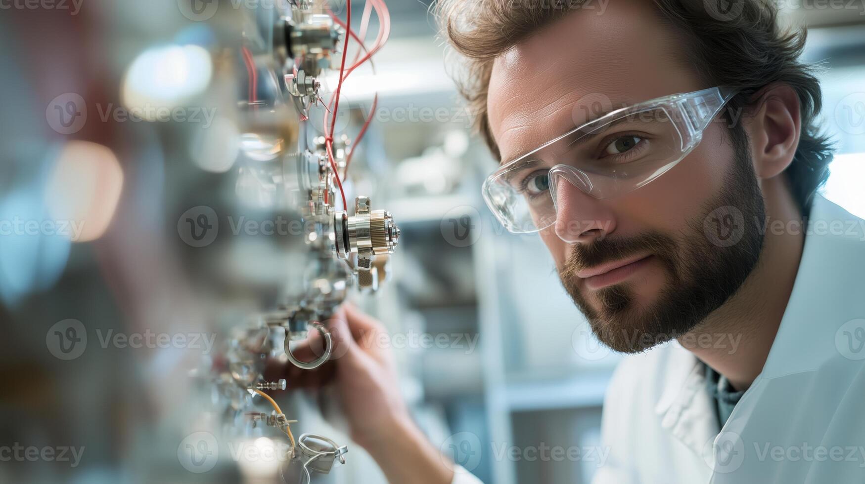 Scientist conducting research in a laboratory while examining complex equipment and systems in a modern scientific setting photo
