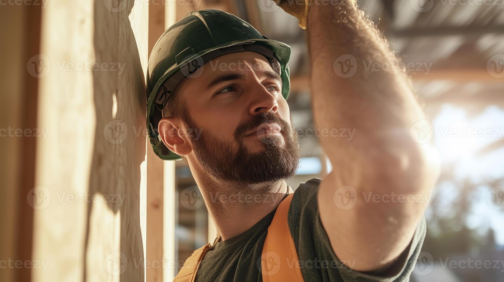 Skilled worker constructs wall framework at a construction site during golden hour light in a lively urban setting photo