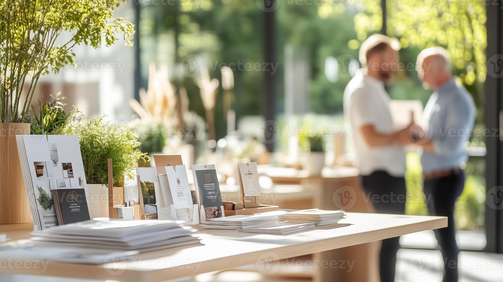 Business professionals discussing plans in a modern workspace surrounded by greenery and brochures photo