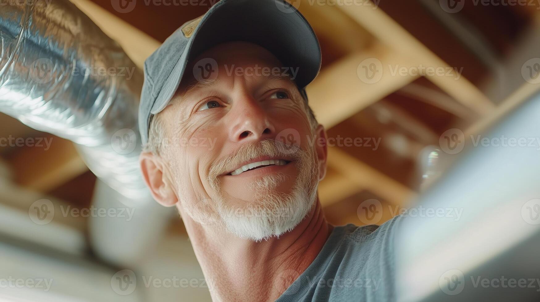 Skilled craftsman working on home renovation project in cozy space with exposed beams photo