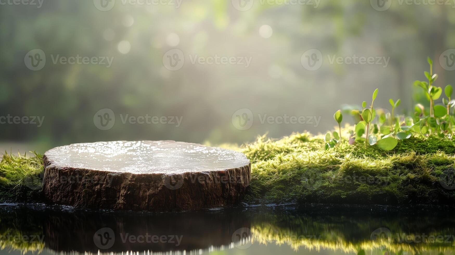 Serene natural setting with a wooden log and lush green moss beside a calm body of water in early morning light photo